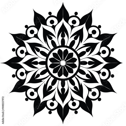 complex intricate black and white floral mandala pattern, symmetrical geometric design, detailed abstract ornate flower, ornamental radial symmetry, decorative fractal motif