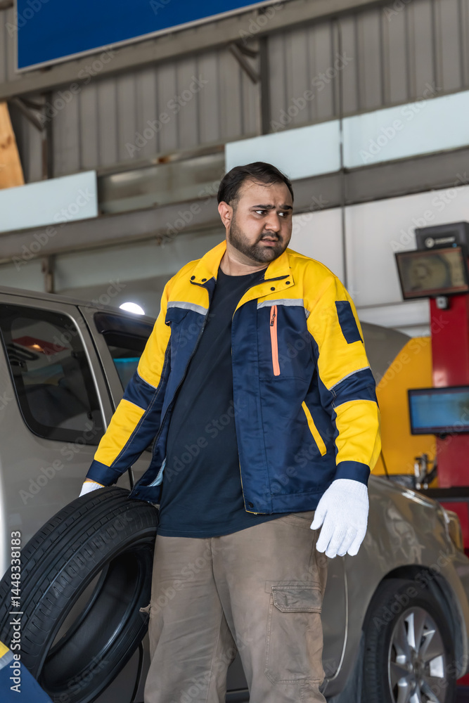 Car mechanic man holding car tire working in auto repair shop Car mechanic man holding car tire working in auto repair shop