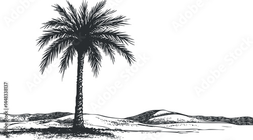 Black and white illustration of a single palm tree standing in a desert landscape with sand dunes in the background.