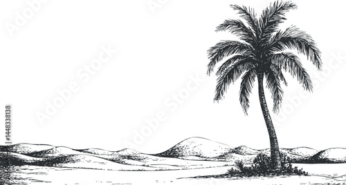 Black and white illustration of a single palm tree in a desert landscape with sand dunes and clear sky