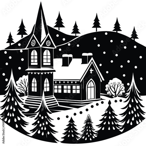 Santa Claus sleigh and reindeer flying over winter village Silhouette of decorated Christmas tree with gifts, festive snow Children building snowman in snowy landscape, warm Christmas silhouette 