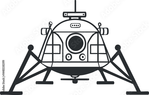 Black and white illustration of a lunar lander spacecraft designed for moon exploration missions