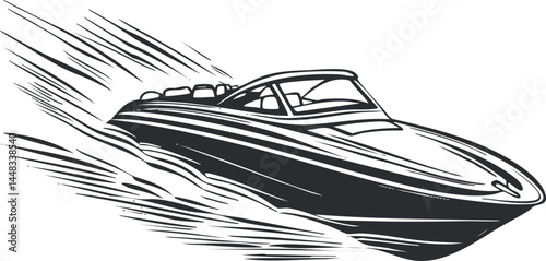 Black and white illustration of a speedboat moving fast on water creating waves and splashes