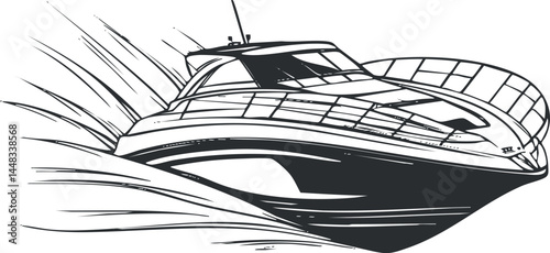 Illustration of a luxury speedboat yacht moving fast on water with splash and waves