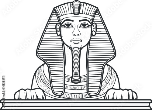 Black and white line art of an ancient Egyptian pharaoh statue with traditional headdress and ornamental collar