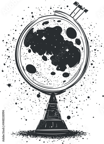 Black and white artistic illustration of a globe featuring a starry space map and satellite on axis
