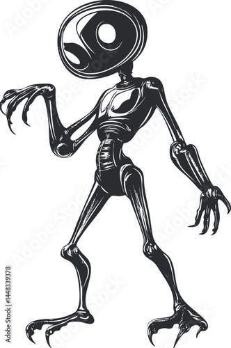 Illustration of a creepy alien creature with claws and a large head in black and white style