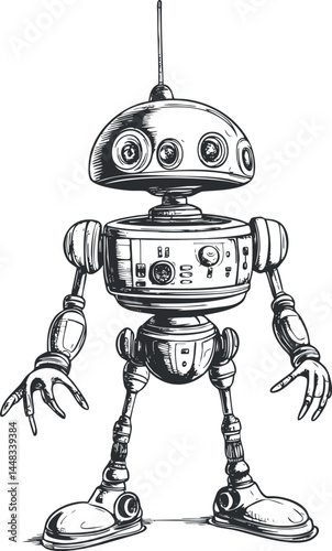 Black and white hand-drawn sketch of a retro humanoid robot with antenna and mechanical limbs