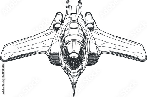 Detailed black and white illustration of a fighter jet aircraft viewed from the front, showcasing aerodynamic design and cockpit