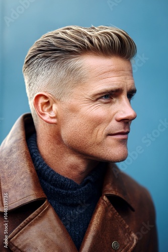 Obraz na płótnie A fashionable man posing for a stylish portrait. Elegant men's slick back with fade haircut - midlife white man with blond hair. Blue solid background. Creative pattern of style for aging me. w salonie