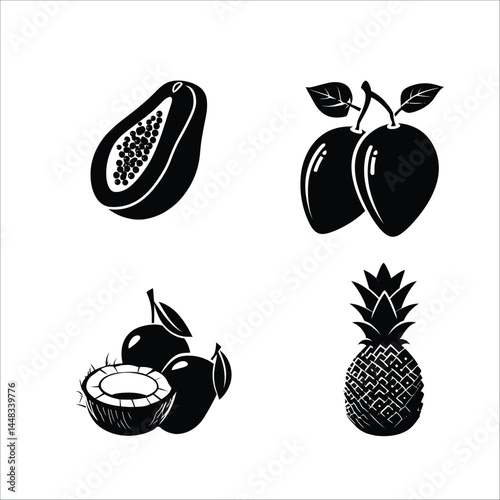 Vector illustration of tropical fruits papaya mango coconut pineapple black and white design drawing