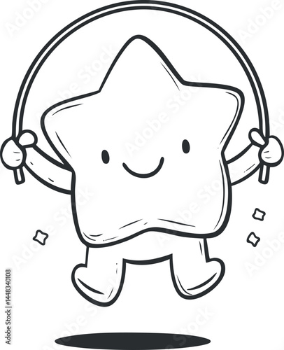Cute cartoon star character happily jumping rope with a smile in a simple black and white line art style