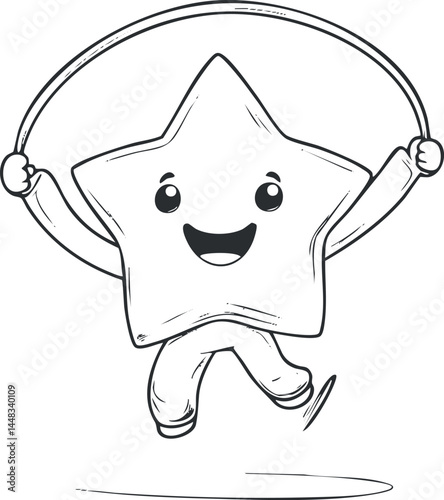 Black and white cartoon illustration of a happy star character jumping rope for fun and fitness.
