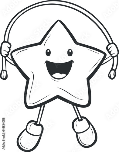 Cartoon star character happily jumping rope in playful and energetic exercise activity