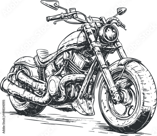 Black and white hand-drawn sketch of a classic motorcycle cruiser with detailed engine and wheels.