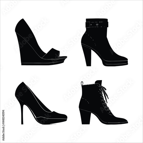 Black silhouette of women's shoes fashion footwear heels boots sandals collection style elegant design 100