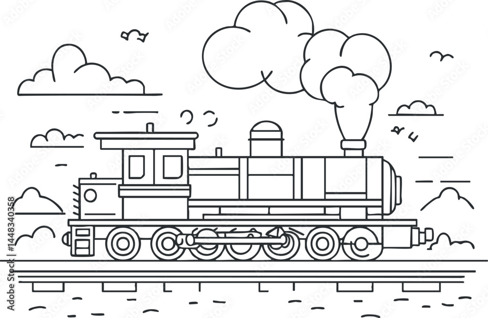 Naklejka premium Black and white line drawing of a vintage steam locomotive train on railroad tracks with clouds and birds in the background