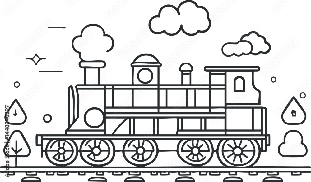 Naklejka premium Black and white line drawing of a vintage steam locomotive train on railroad tracks with clouds and nature elements
