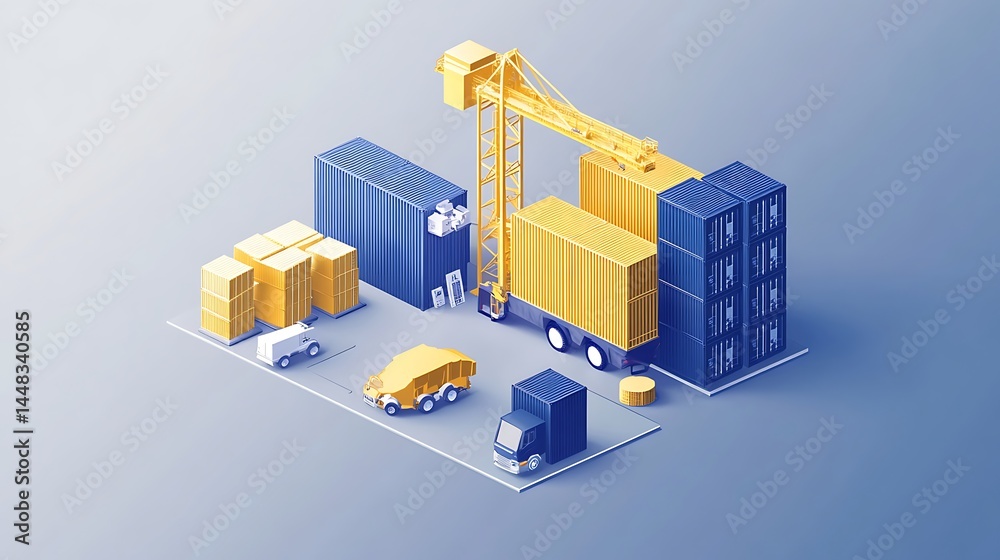Isometric View of Cargo Port with Containers and Vehicles Logistics Transport Isometric View of Cargo Port with Containers and Vehicles Logistics Transport
