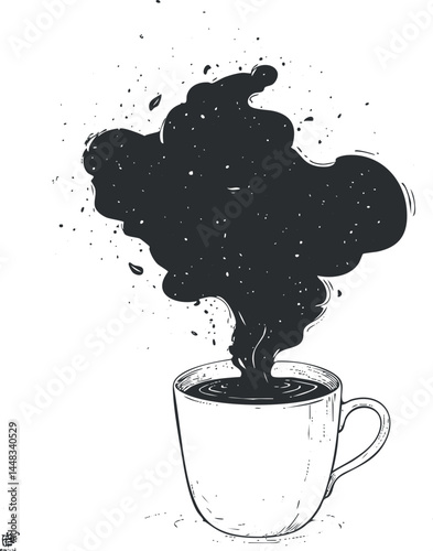 Black and white illustration of a steaming cup of coffee with swirling steam rising above it.
