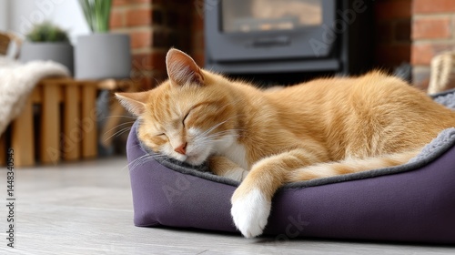 A sleepy orange cat relaxes in its purple bed next to the fireplace, enjoying a cozy atmosphere with soft, natural light