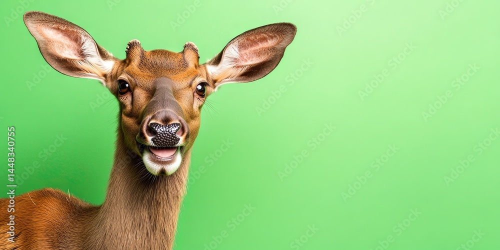 Fototapeta premium A elk is taking selfie, smiling, isolated on a plain green background, natural lighting