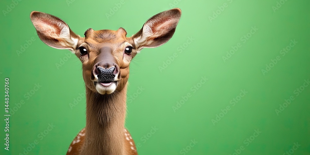 Naklejka premium A elk is taking selfie, smiling, isolated on a plain green background, natural lighting