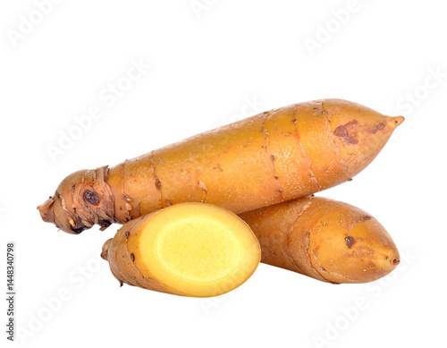 Fresh galangal, one piece cut into slices placed on a white background or png.