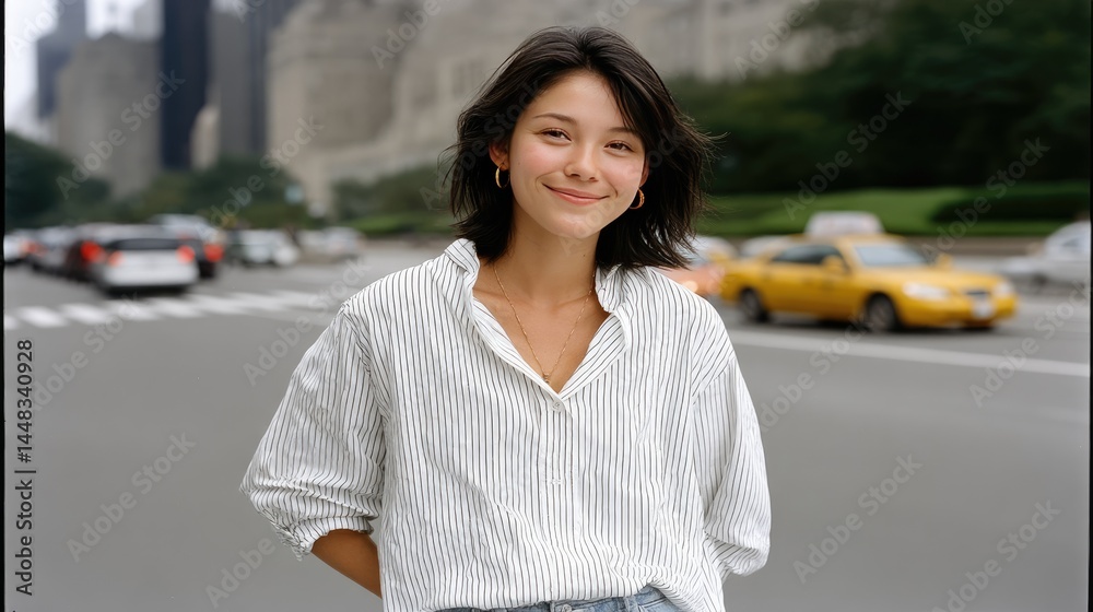 Joyful Asian woman stands in the hustle of City, smiling in a striped shirt and jeans, embodying urban confidence and energy Joyful Asian woman stands in the hustle of City, smiling in a striped shirt and jeans, embodying urban confidence and energy