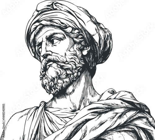Detailed black and white line art drawing of an ancient male statue with a beard and turban in classical style.