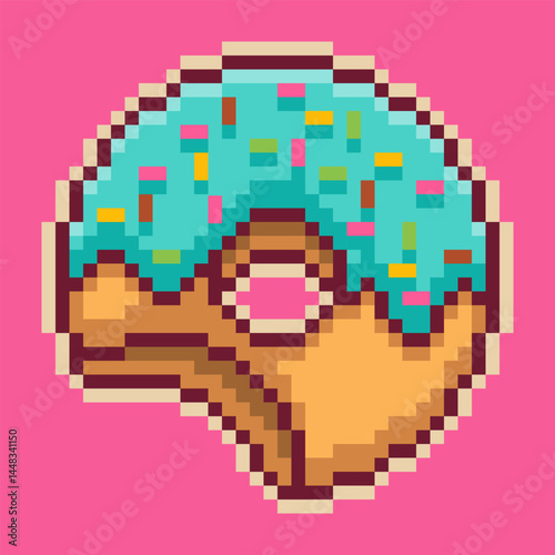 Retro pixel art donut. Rendered in a classic 8-bit style, it features vibrant blue icing, colorful sprinkles, and a playful bite taken out.