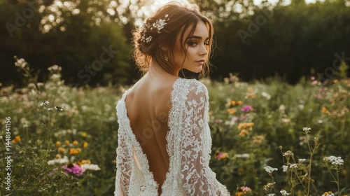 Bohemian bride in an open-back lace dress, standing in a meadow with wildflowers, soft natural light, relaxed and free-spirited vibe