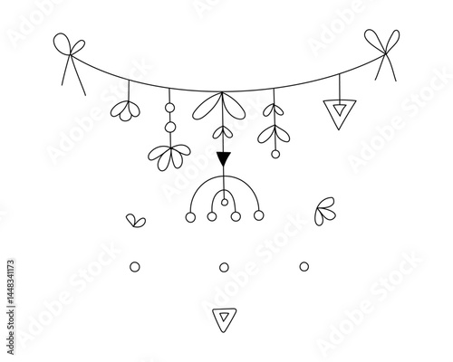 Linear garland of flowers, leaves, abstract geometric figures on a thread. For postcards, coloring books