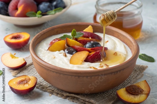 Homemade yogurt in a clay bowl with fruit and honey. Natural homemade yogurt in a clay bowl, decorated with fresh fruit (peaches, plums) and drizzled with a thin stream of honey.