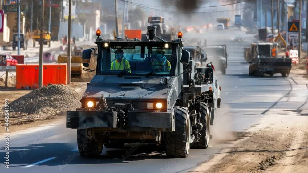 Construction Progress: A heavy-duty road vehicle navigates through an active construction site, with various equipment, showing the progress in infrastructure development. 