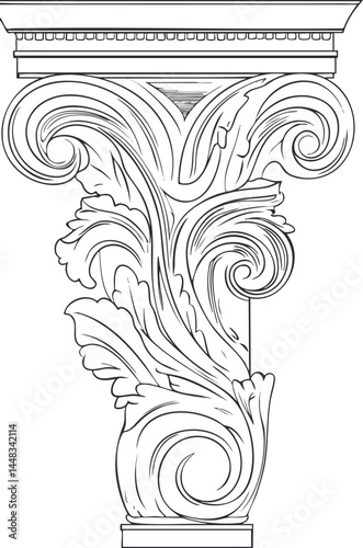 Detailed line art of a classical Corinthian column capital with ornate floral and scroll decorations