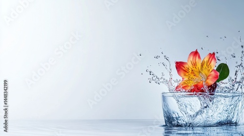 Vibrant flower splashing into clear water in a serene setting with ripples and reflections
