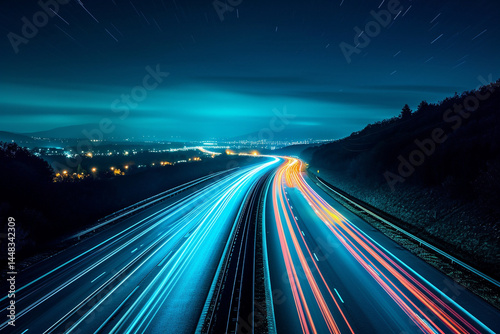 stunning night time highway photo captured using long exposure technique, showcasing intersection of technology and art  