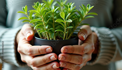 Potted plant, caring hands