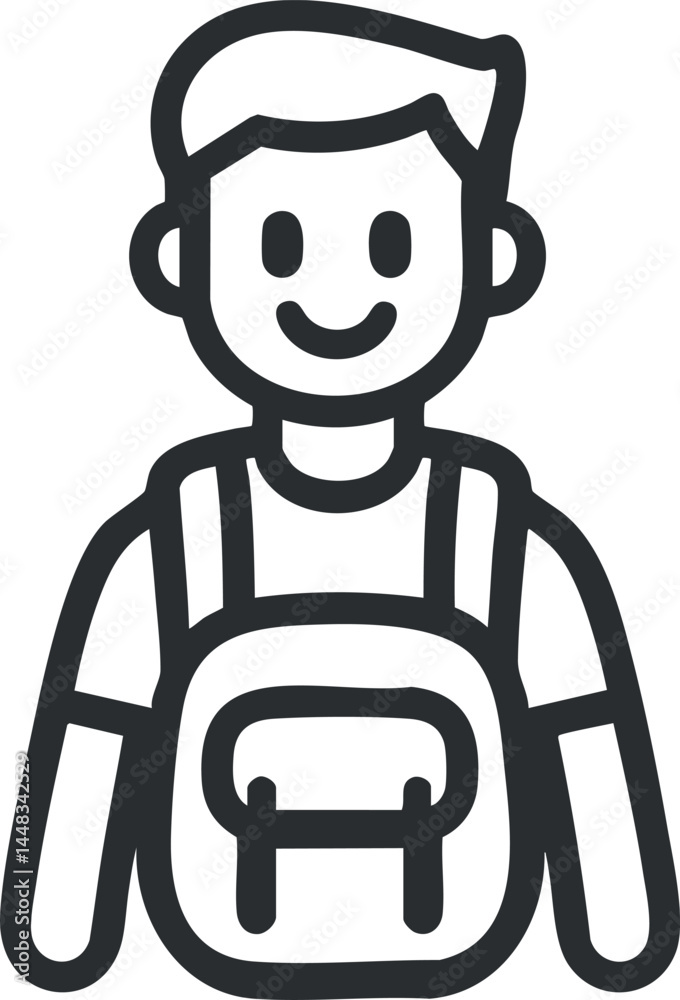 Line icon of a smiling boy student wearing a backpack in simple minimal style Line icon of a smiling boy student wearing a backpack in simple minimal style