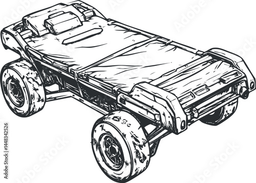Black and white sketch illustration of a medical stretcher gurney with wheels for patient transport