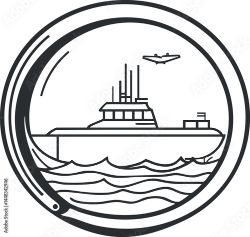 Black and white line art of a ship sailing on the sea viewed through a circular porthole with an airplane flying above