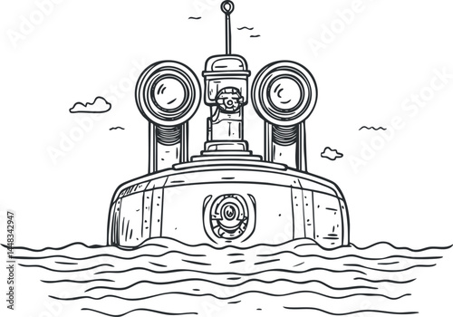 Black and white illustration of a marine buoy floating in the ocean with waves and sky background
