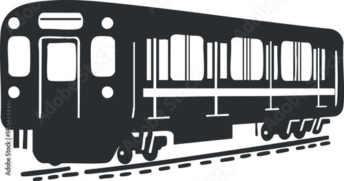 Black and white silhouette illustration of a subway train on tracks for urban public transportation