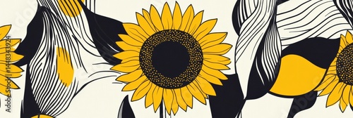 Modern abstract sunflower pattern featuring bold lines and geometric elements in a rhythmic arrangement following the golden ratio