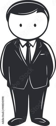 Black and white cartoon illustration of a businessman in a suit and tie standing upright facing forward