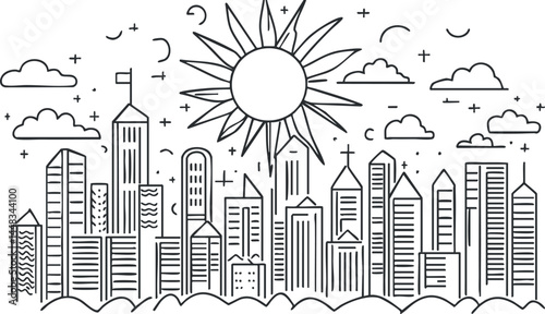 Black and white line art of a modern city skyline with tall buildings under a large sun and clouds