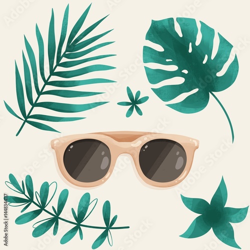 Summer illustration with sunglasses and tropical leaves on a light background. A flat hand-drawn style design that conveys a sense of relaxation, warmth, and vacation. Perfect for summer-themed decor