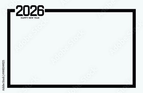 minimalist calendar design, blank white rectangle, bold black border, "2026" text in upper left corner, high contrast, clean typography, stark monochrome, empty space concept, wall calendar template, 