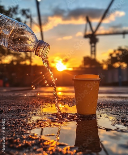 Water being poured on puddle by sunset